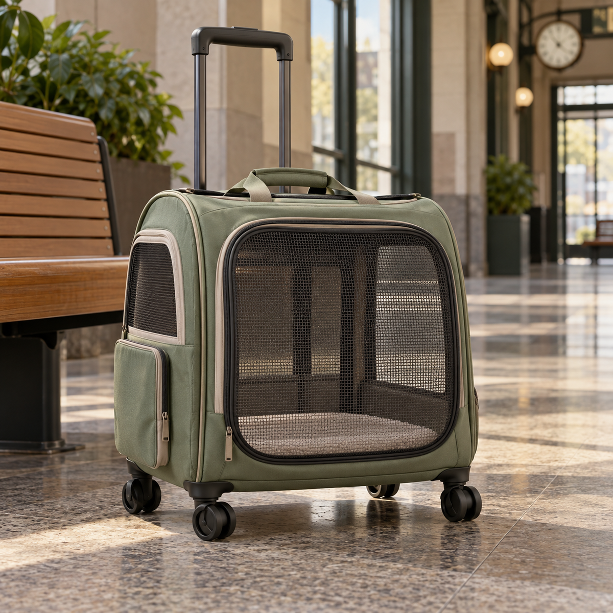Sage Rolling Pet Carrier — AI-generated design illustration