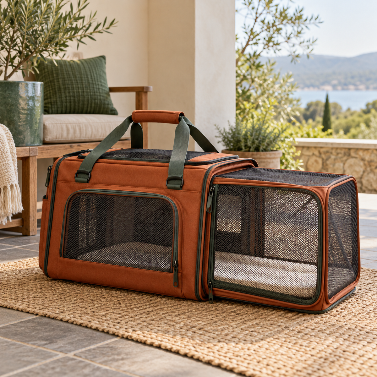 Rust Expandable Pet Carrier — AI-generated design illustration